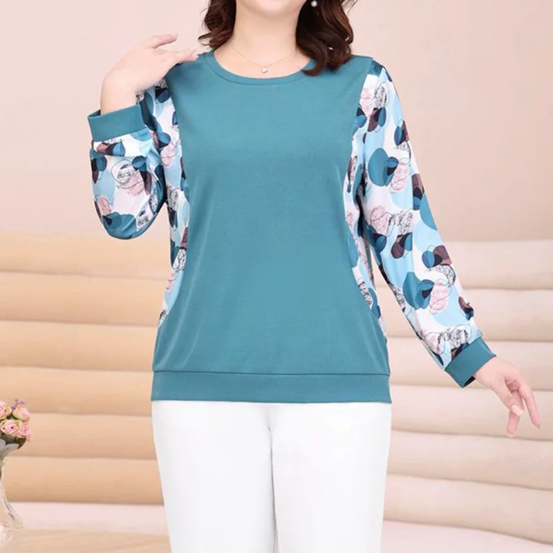 Simplicity Office Lady Round Neck Solid Color Loose Womens Top Fashion Printing Patchwork Long Sleeve Plus Size Pullover T-Shirt