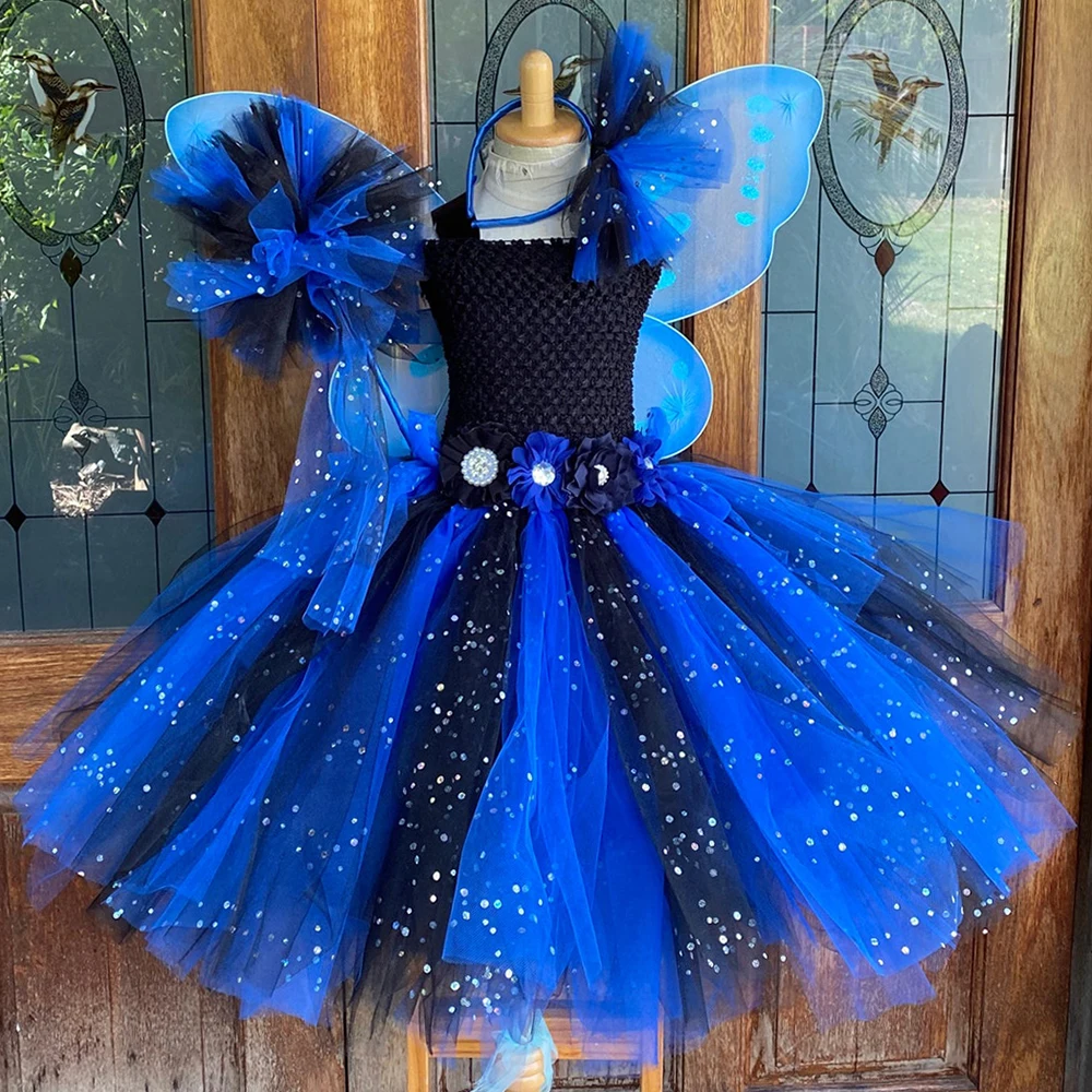 

Girls Blue Black Glitter Tutu Dress Kids Flower Dresses With Wing Stick Hairbow Children Birthday Halloween Party Costume Dress