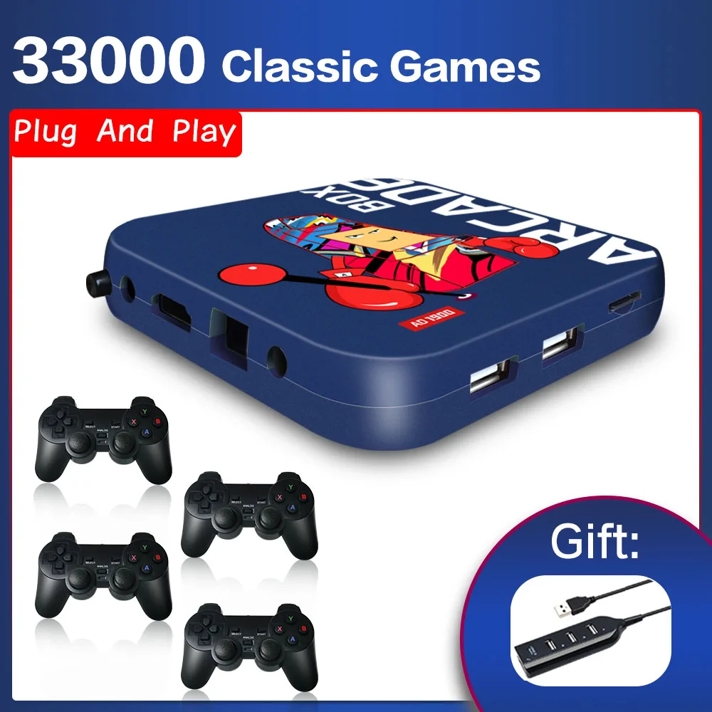 Arcade Box Retro Game Console Wireless/Wired Controller Mini 4K HD 64GB Video Game Console for PS1/DC Built-in 33000 Games