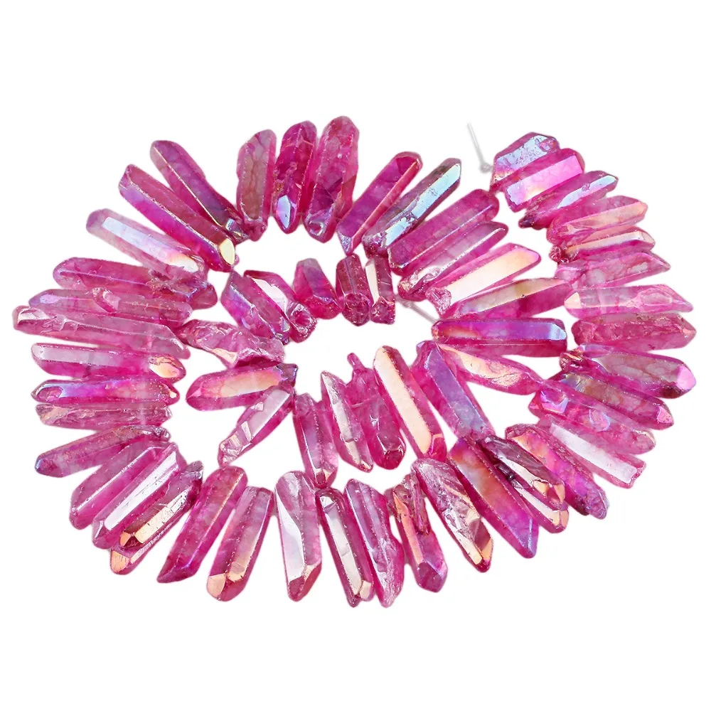 

TUMBEELLUWA Fuchsia Titanium Coated Quartz Crystal Strip Shaped Points Drilled Sticks Spikes 16 inch Strand Jewelry Decoration