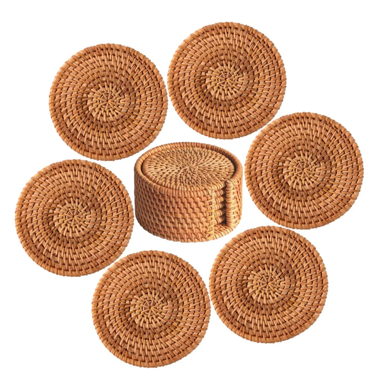 

Eco Friendly Biodegradable Coffee Tea Cup Mug Table Wood Marble Knitted Woven Braided Ratton Coffee Teacup Coaster Set