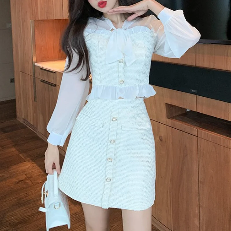 Женский твидовый комплект Ezgaga винтажный шифоновый прозрачный из двух предметов