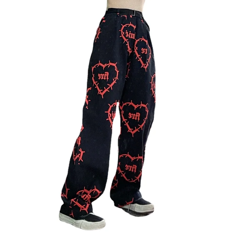 

2022 New Retro Street Handsome Dark Love Print Loose Boyfriend Casual Straight Pants Women's Trousers Harajuku Sports Pants