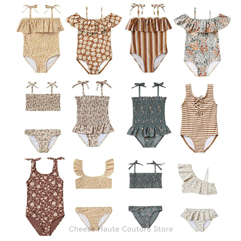 

RC Baby Girls Summer Swimwears Brand Kids Beautiful Floral Toddler Children Swimming Suit Striped Pattern Sunbeach Swimsuit 2022
