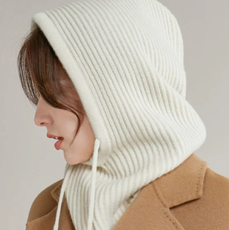 

Unisex Winter Faux Cashmere Knitted Hooded Collar Removeable Elastic Hat Men&Women Warm Thick Wool Neck Wrap Drawstring Caps