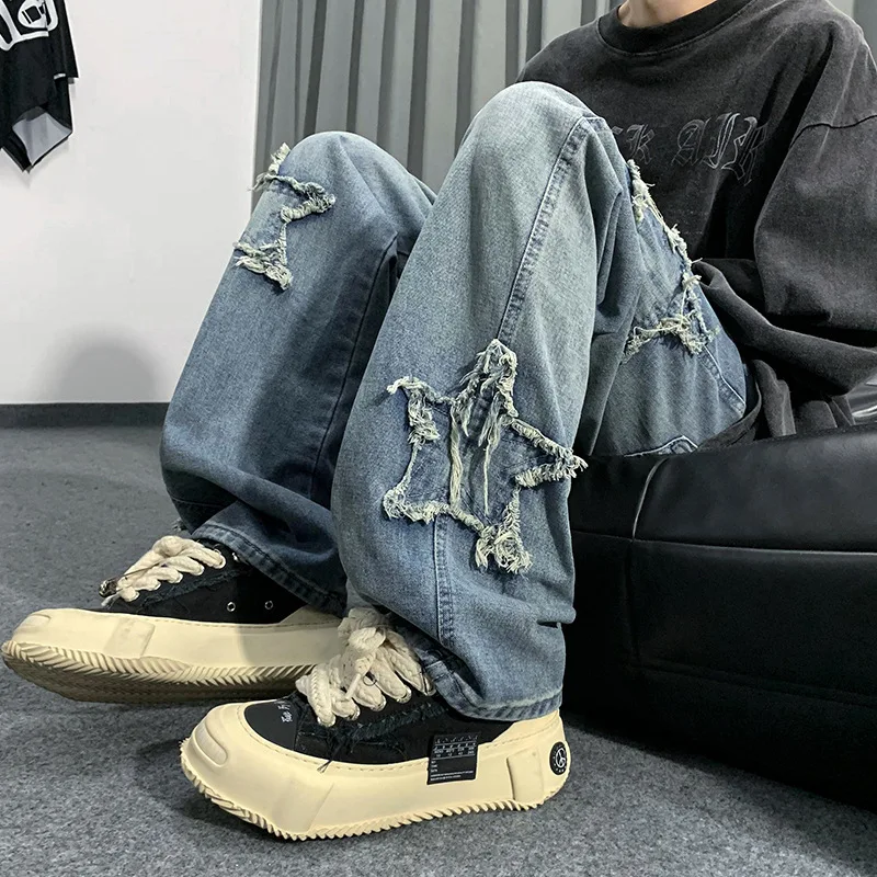 2023 New Fashion Stars Towel Embroidery Brown Baggy Men Jeans Pants Y2K Clothes Straight Hip Hop Cotton Trousers Pantalon Homme