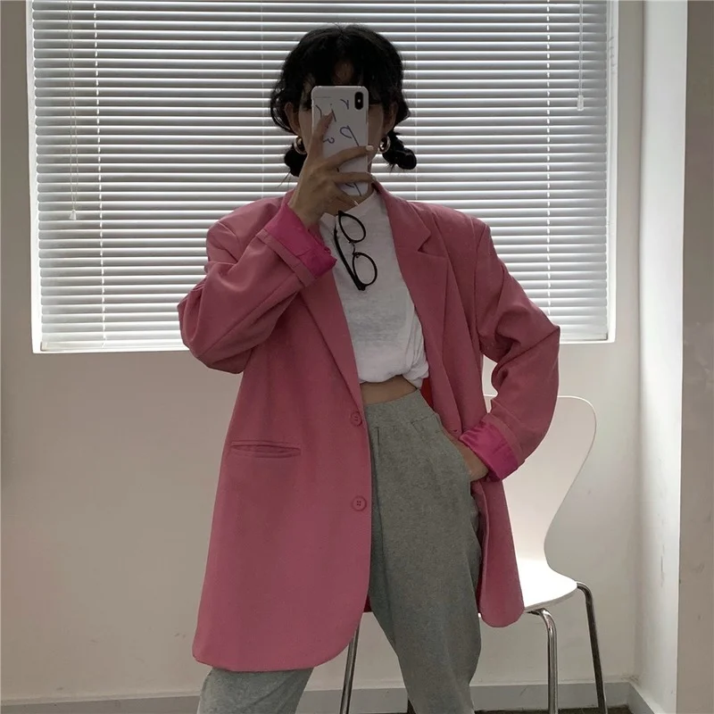 2021 Chic Loose Light Pink Women Blazer Spring Summer Single Buttons Female Oversized Suit Green Jacket Full Sleeve Outwear