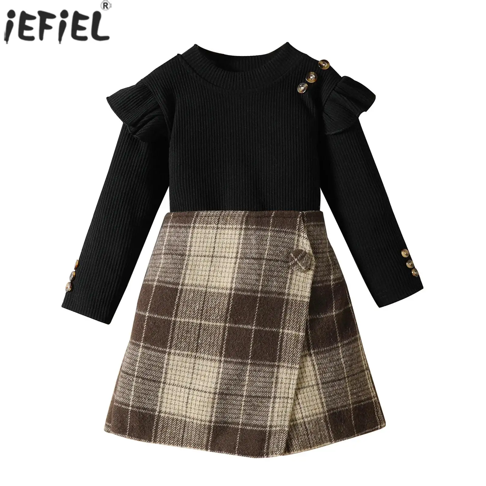 

Kids Toddler Girls Fall Winter Clothes Long Sleeve Rib Knit Sweater Top with Plaid Split Skirt Shorts for Birthday Party Banquet