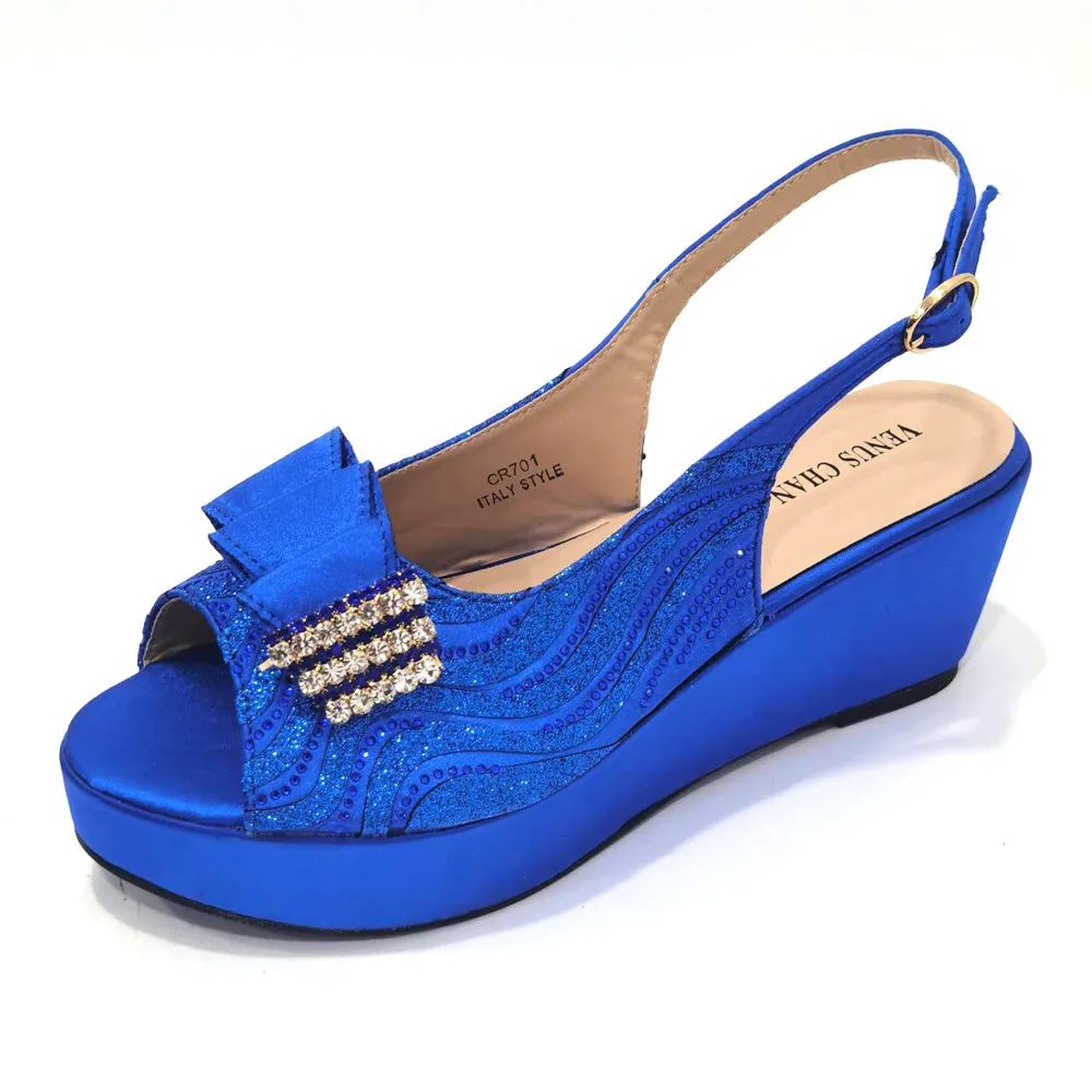 Venus Chan Fashion and Comfortable Retro Blue Rhinestone Paisley Pattern Ladies Middle Heel Sandals African Shoes Bag Set