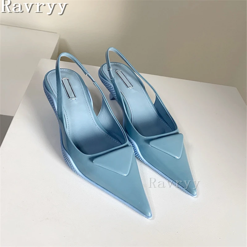 

Pointy Toe Shallow Pumps Women Summer Kitten Heel Slingback Sandals Triangle Decor Luxury Lady Trend Dress Party Shoes