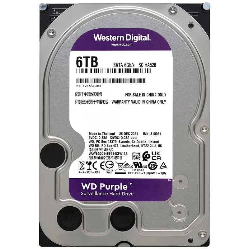 Жесткий диск WD Purple, 6 тб, 3,5 дюйма, SATA III, 6,0 гбит/с, для камеры видеонаблюдения, DVR, IP-камеры наблюдения, WD63EJRX