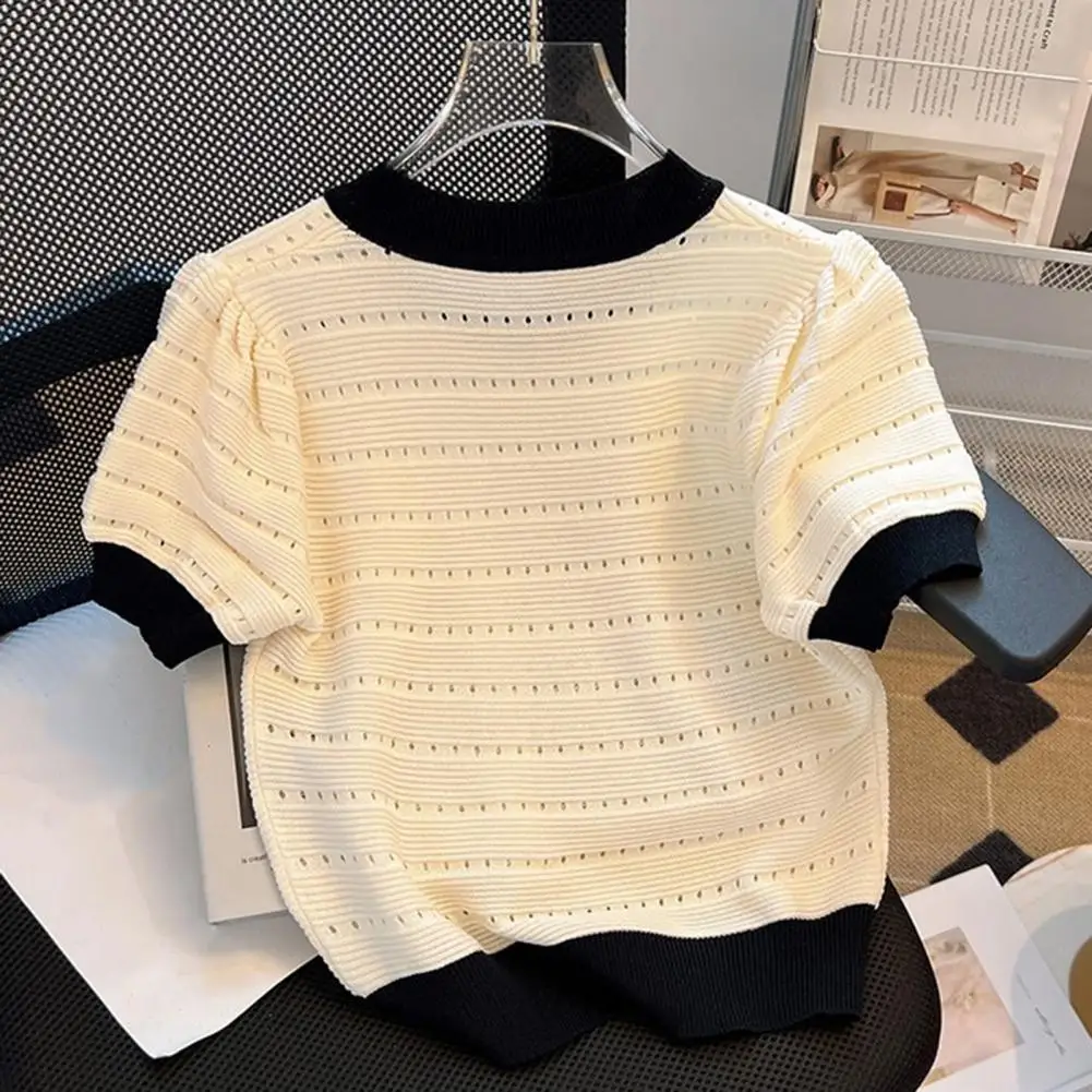 Popular Pullover Top Bowknot Decor Comfortable Cropped Top Summer Patchwork Color Hollow Cropped Top