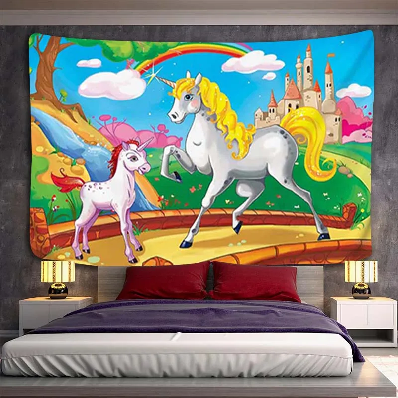 

Cute Cartoon Unicorn Wall Hanging Tapestry Aesthetic Bedroom Decoration Tapestries Room Decor Luxury Decors Home Tapries Fabric