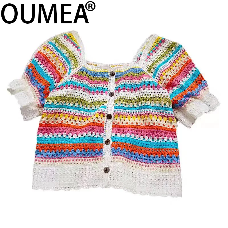 OUMEA женские радужные вязаные крючком блузки с квадратным вырезом спереди