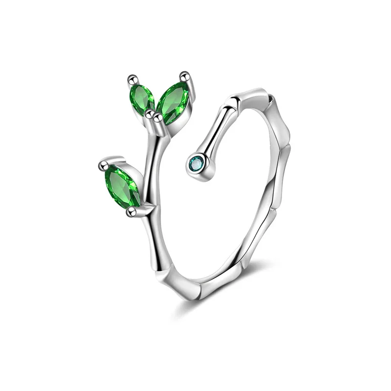 

925 Sterling Silver Green Zircon Leaf Finger Rings for Women Size Open Adjustable Birthday Holiday Jewelry Gift