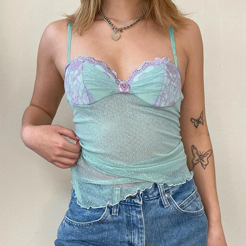 

Y2K Fairycore Floral Polka Dot Mesh Crop Top 90s 00s Retro Chic Women See Through Camisole Aesthetic Sweet Girl Kawaii Vest
