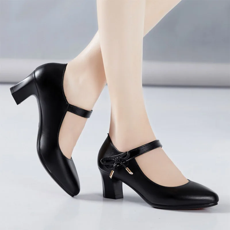 Plus Size Women Dress Shoes Med Heels Mary Janes Shoes Bow Pointed Toe Pumps Buckle Strap Grandma Shoes Ladies Office Shoes Fall