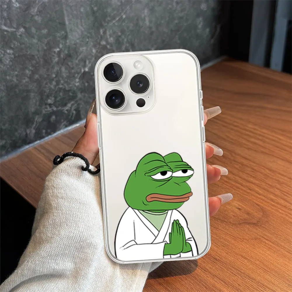 Sad P-Pepe Frog Funny Phone Case for iPhone 11 12 13 14 15 16 Max Pro Plus Transparent Soft Shell