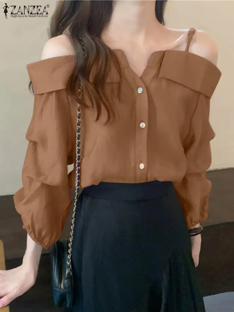 

Пикантная блузка ZANZEA на бретелях с открытыми плечами, Повседневная Свободная блузка с длинным рукавом, осень 2022, модные корейские рубашки, о...
