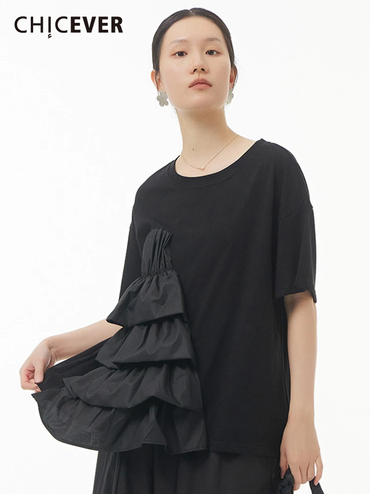 

CHICEVER Patchwork Ruffle Tees For Female O Neck Short Sleeve Oversized Loose T Shirt Women 2022 Summer Clothing Fashion Simple