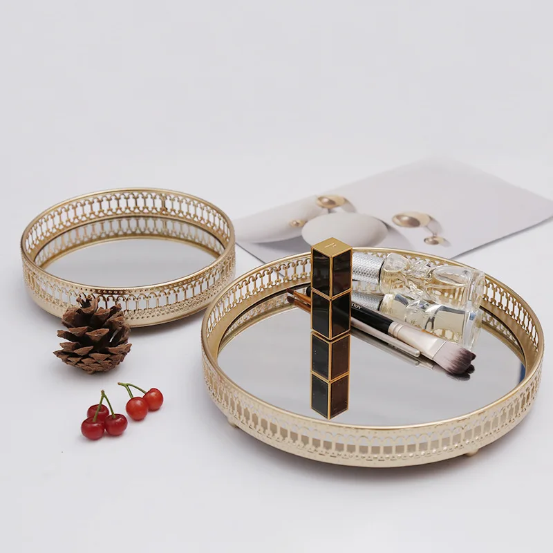 

Luxury Home Decor European Glass Metal Storage Tray Gold Decor Jewelry Display Living Room Mirror Glass Tea Tray Table Storage