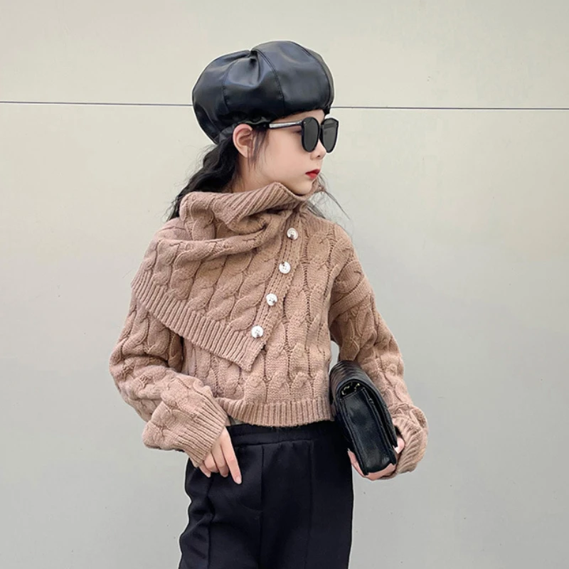 

Winter Clothes for Girls Thicken Warm Solid Sweater with Scarf Teean Children Pullovers O-neck Short Tops Casual Kids Knitwear