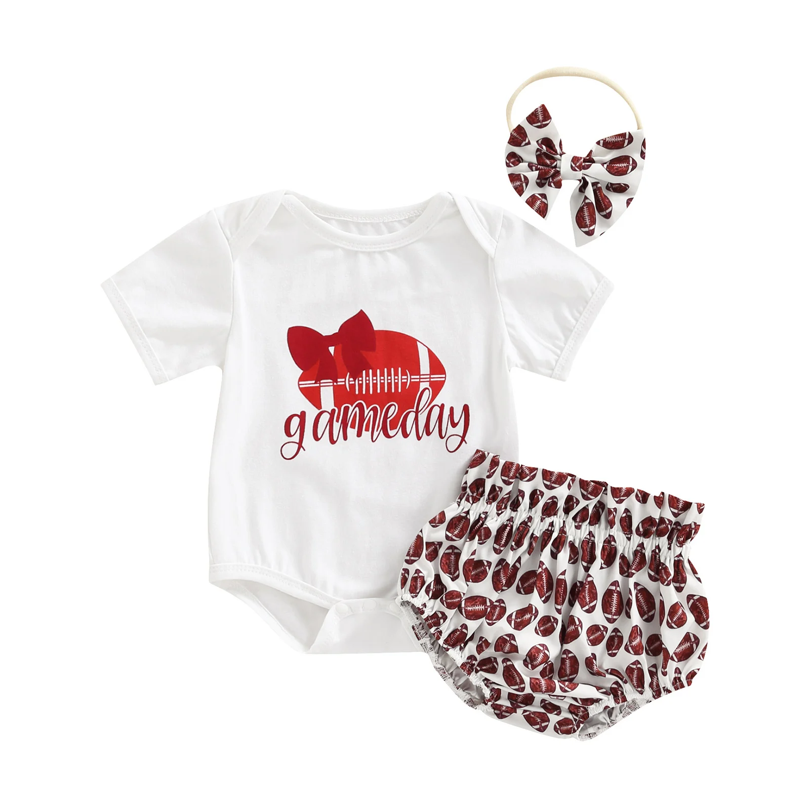 

Newborn Girl Short Pants Outfits, Short Sleeve Letter Printed Romper + Elastic Rugby Printed Shorts + Bow-Knot Headband Set