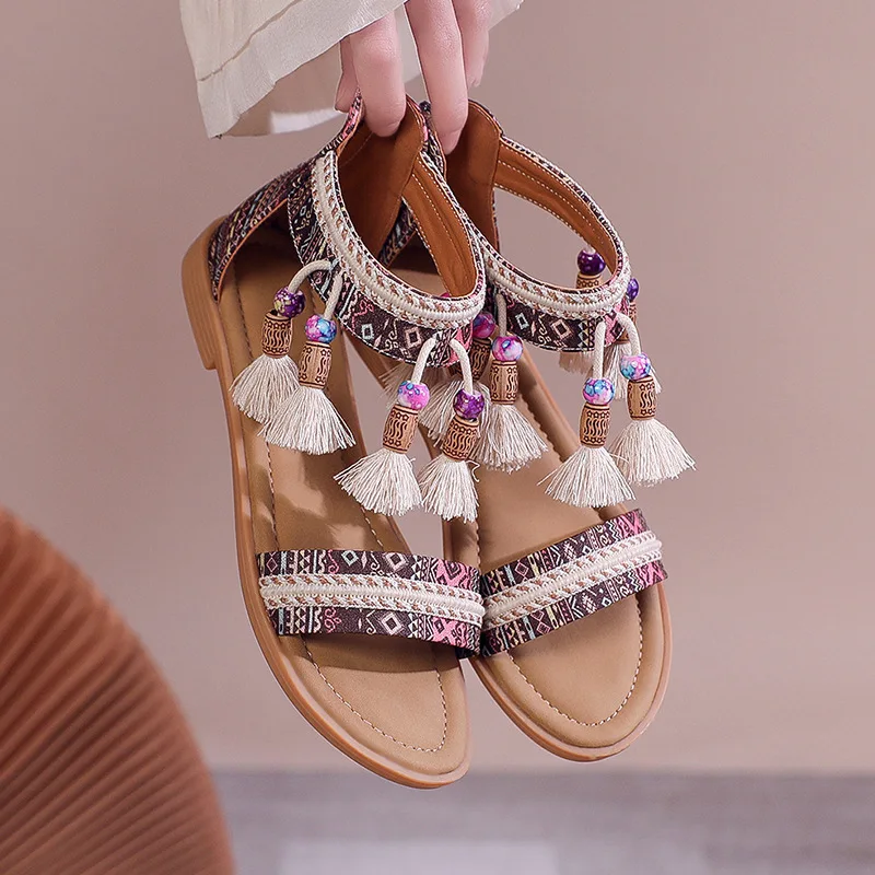 

2023 Summer Bohemia Hollow Out Flat Sole Sandals for Women Fashion Slippers Outdoor Large Sizes 35-42 Vintage Beach Sandals
