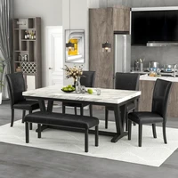 6-piece Dining Table Set with 1 Faux Marble Top Table,4 Upholstered Seats and 1 Benchn Living Room Dining Furniture