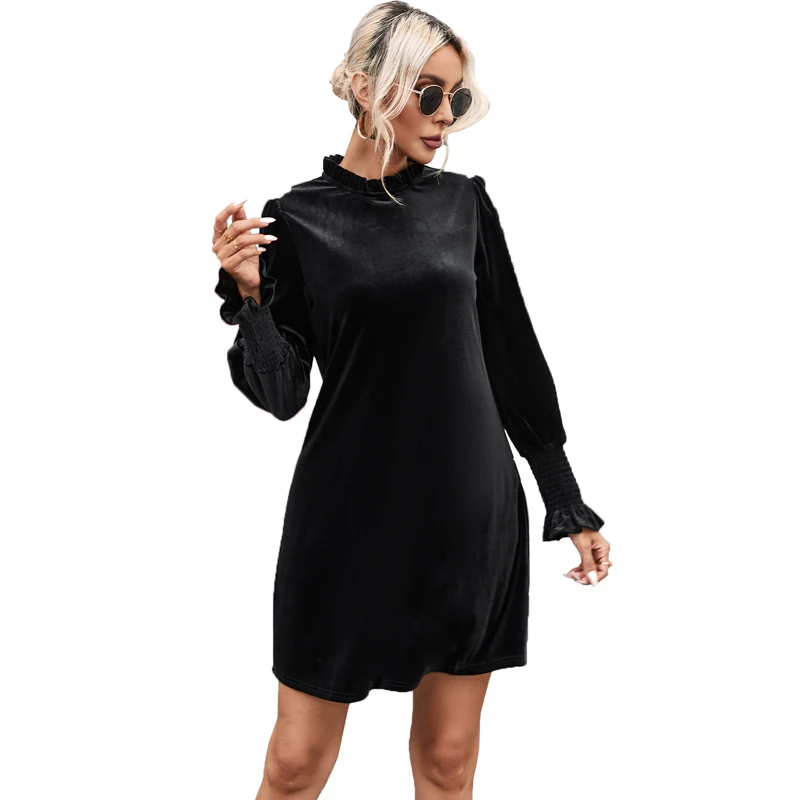 

Women Dress Autumn Simple O Neck Loose Solid Casual Street Wear Long Sleeve Lady Clothes Leisure Above Knee Female Apparel