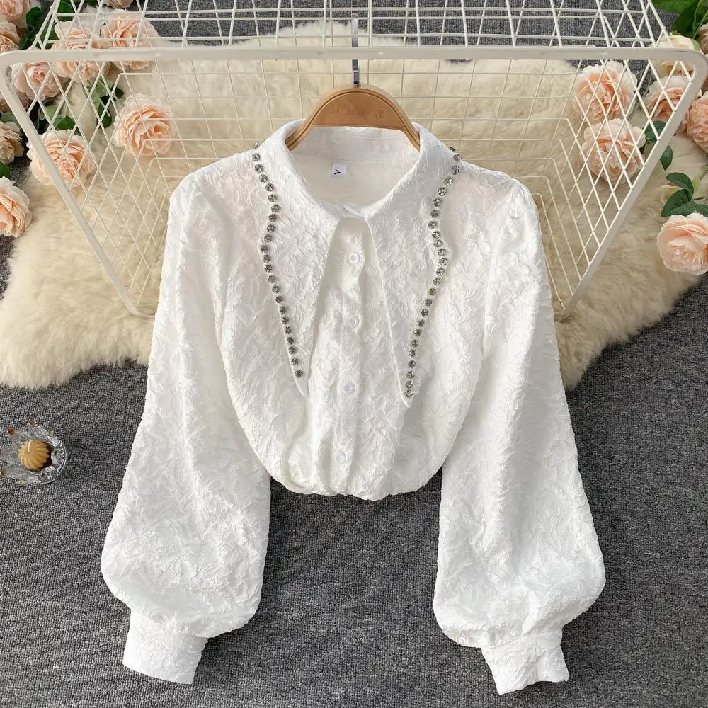 

Celebrity Temperament French Shirt Female Heavy Industry Diamond Lapel Bubble Sleeve Foreign Style Top