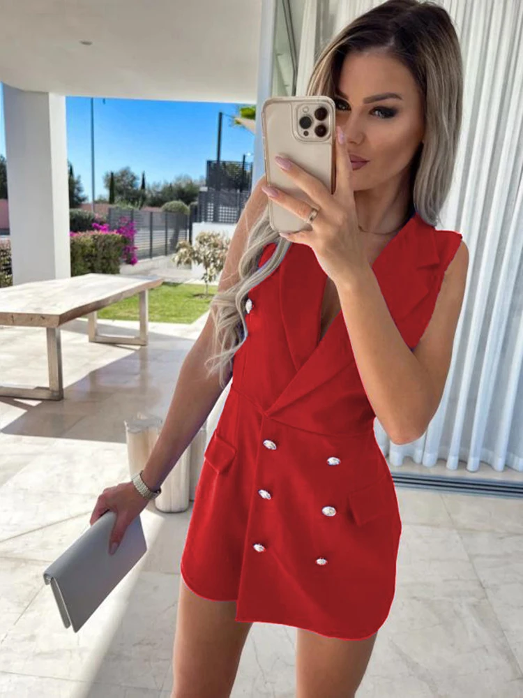 2022 Women Sleeveless Jumpsuit Turn-down Collar Office Overalls Short Culotte Button One Piece Overalls