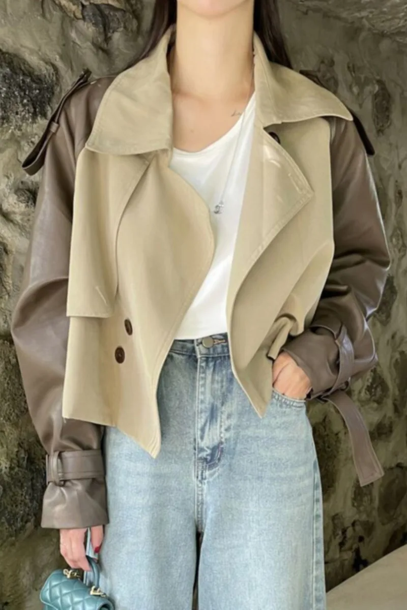 

Женский короткий тренчкот с длинным рукавом, изящный двубортный тренчкот из искусственной кожи с воротником-костюмом в южнокорейском стиле на осень