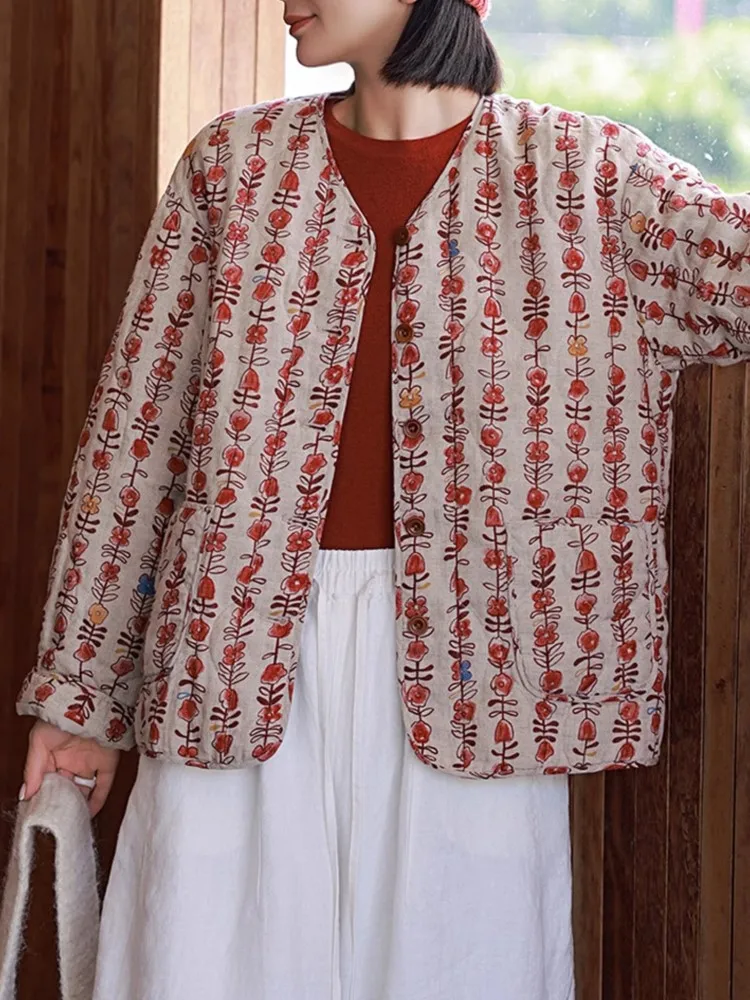 Оверсайз осенне-зимнее стеганое хлопковое пальто с v-образным вырезом женские