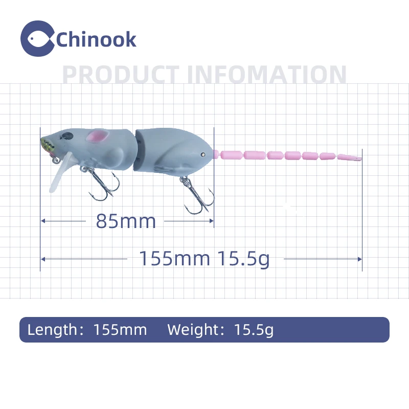 Фото Chinoo15.5g 85 мм Topwater rat wakebait, многосекционная приманка в виде мыши, искусственная приманка, приманка в виде крысиного гольяна, воблер, рыболовные приманки для ловли окуня №2