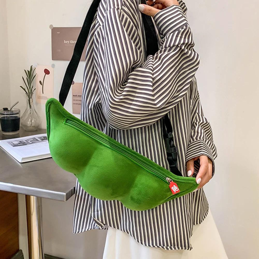 

Woman Personality Messenger Bag Creative Green Edamame Shape Ladies Cute Plush Pea Shoulder Bag Funny Chest Bag 2023 New Trendy