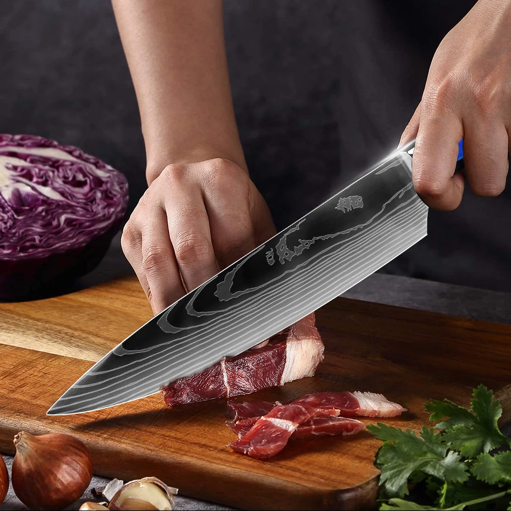 Набор кухонных ножей Chef Santoku Cleaver Slicer Универсальный нож Синяя ручка из смолы