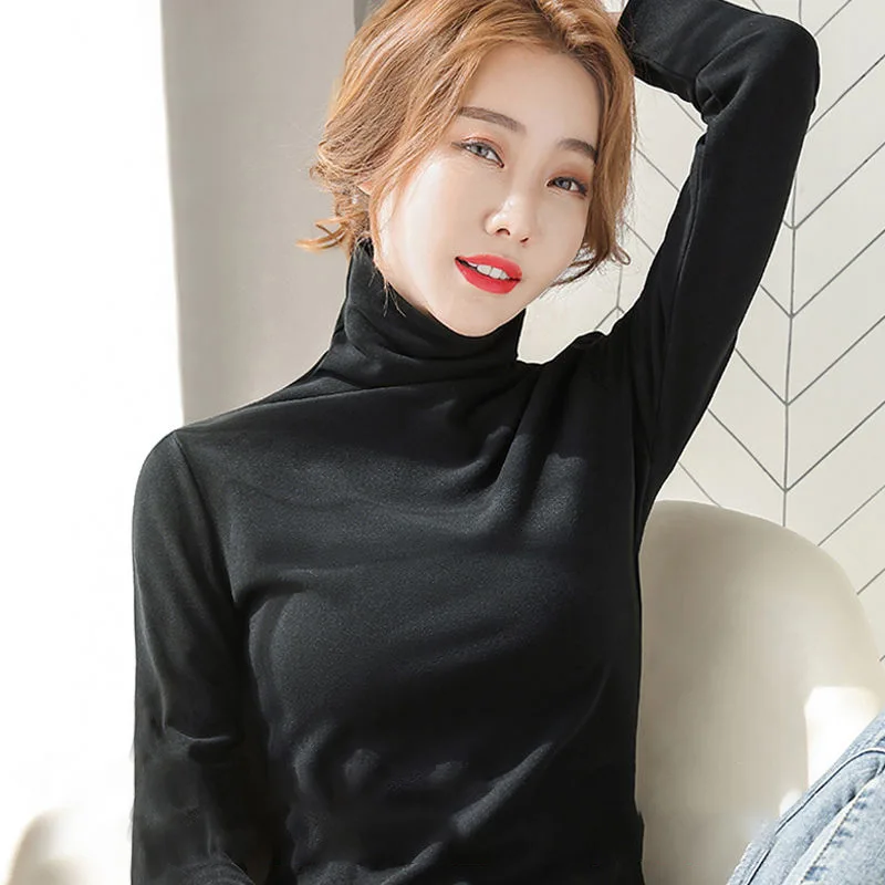 

2021 NEW FASHION WOMEN High-neck slim-fit shirt pure cotton T-shirt solid color long-sleeved top