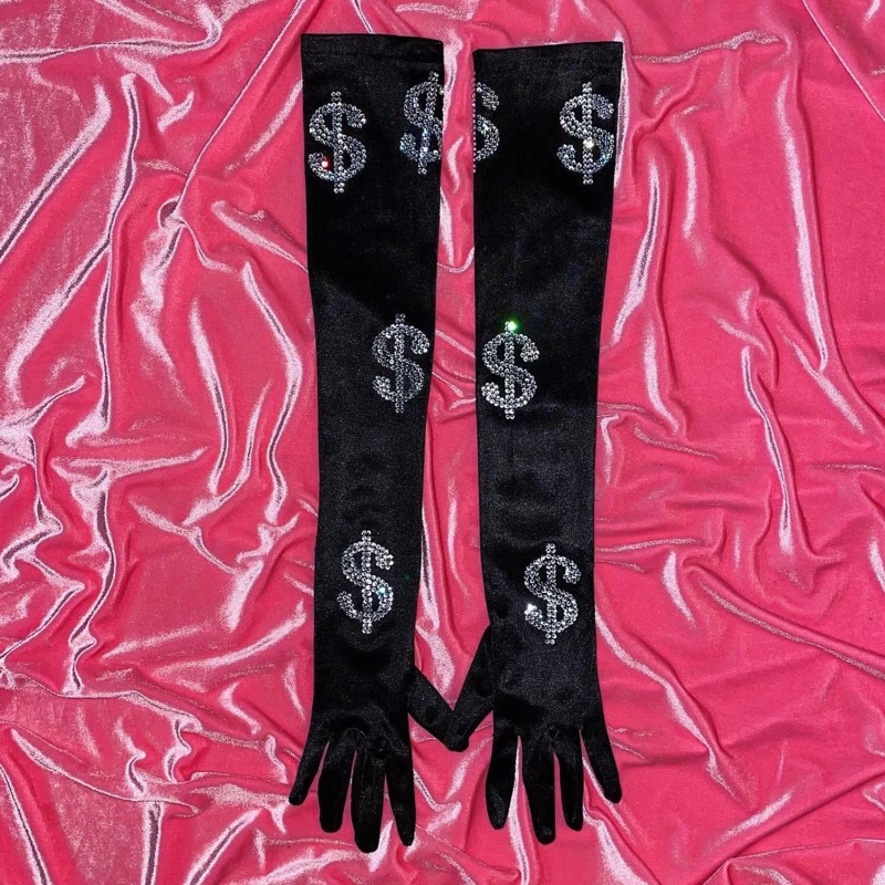

US Dollar Diamond Design Gloves For Women Stage Performance Black White Color Shinne Rhinestones Long Mittens