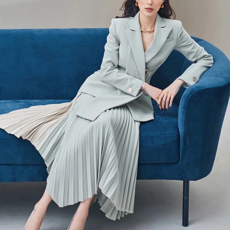 Фото TWOTWINSTYLE комплект из двух предметов для женщин, однобортный пиджак с лацканами и длинными рукавами, женская юбка в стиле пэчворк с высокой талией №3