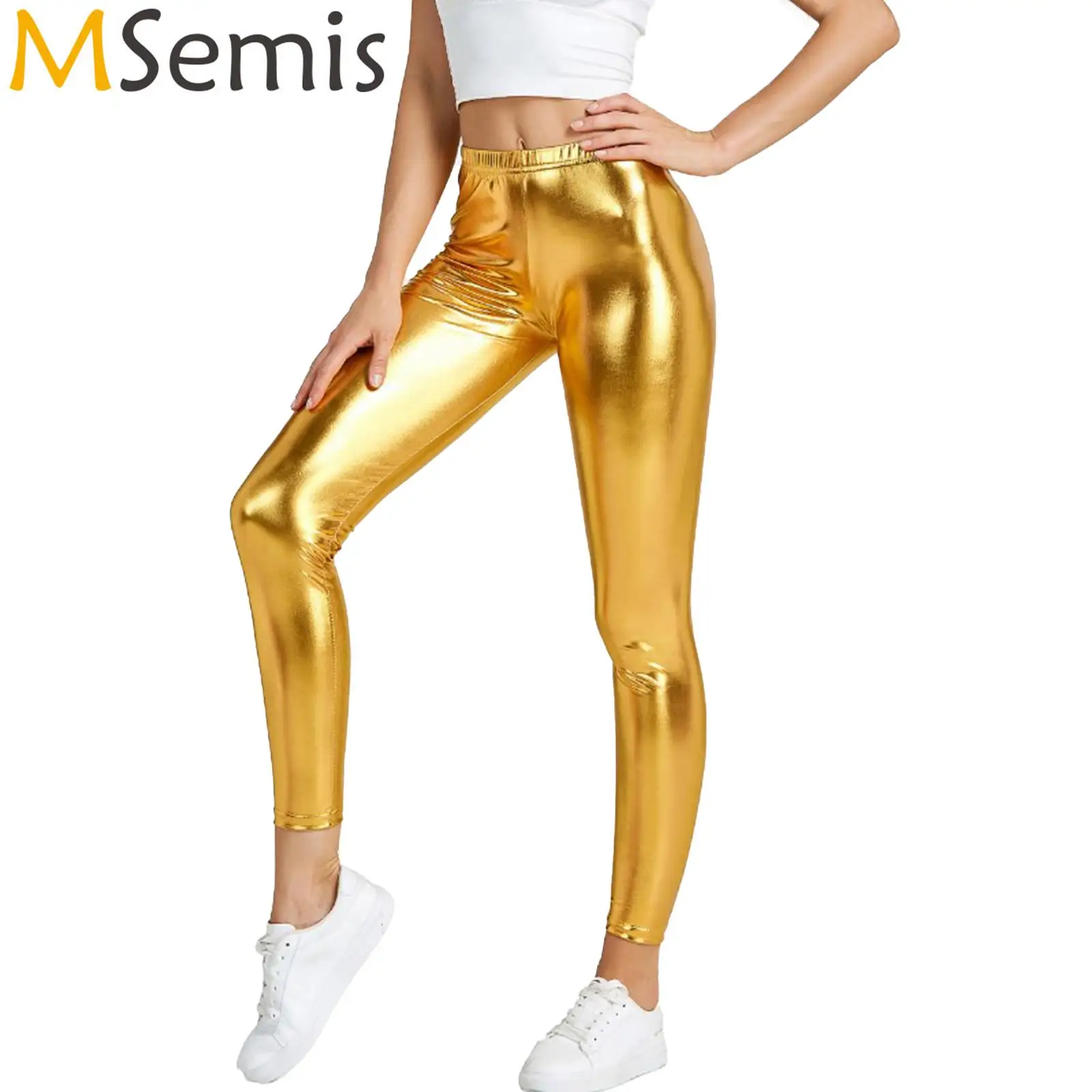 

Womens Female Metallic Shiny Leggings Wet Look Elastic Waistband Stretchy Slim Fit Pants Carnival Music Festival Clubwear