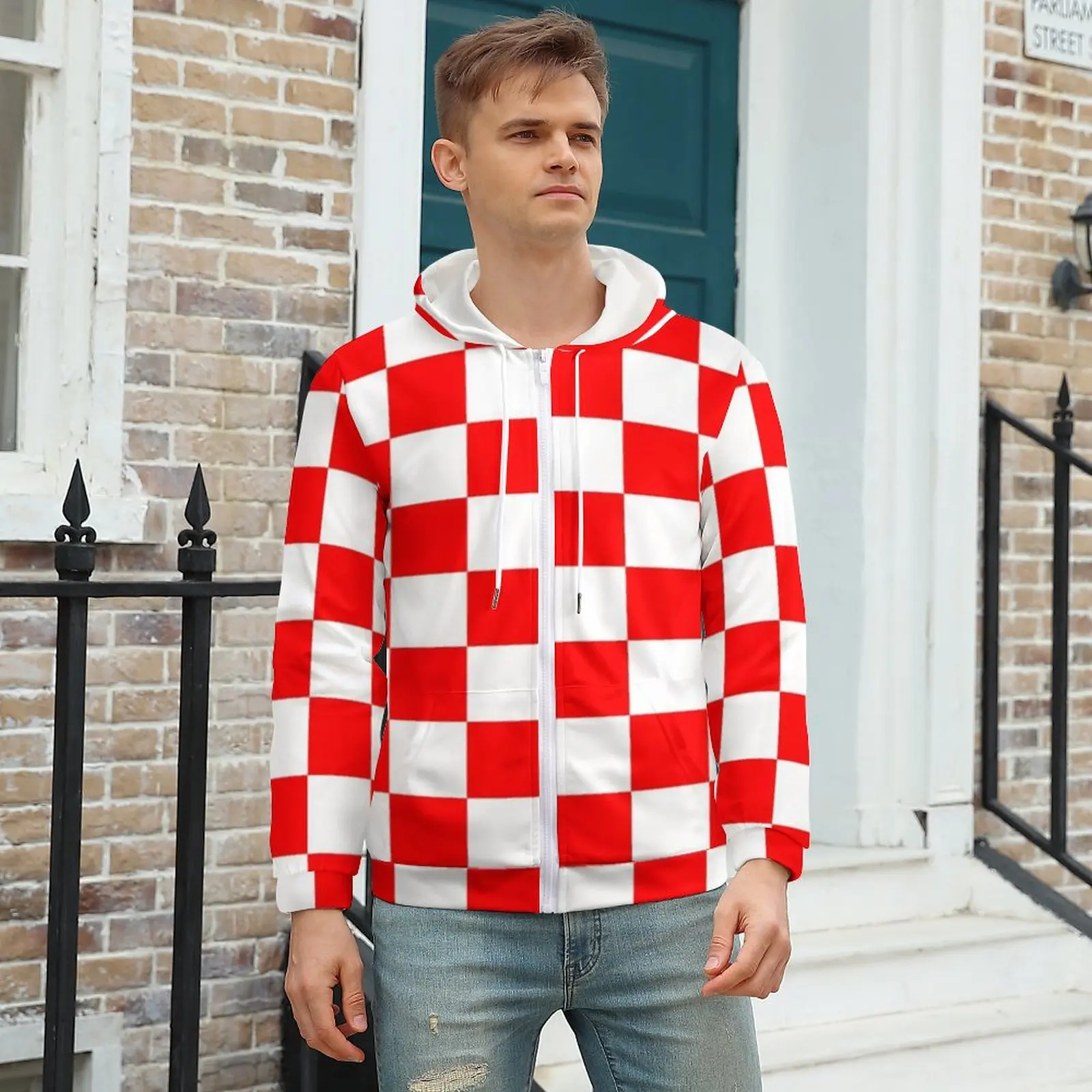 

Croatian Checkerboard Hoodies Red White Square Warm Polyester Hoodie Loose Zip Up Hoodie For Men Plus Size XXXL