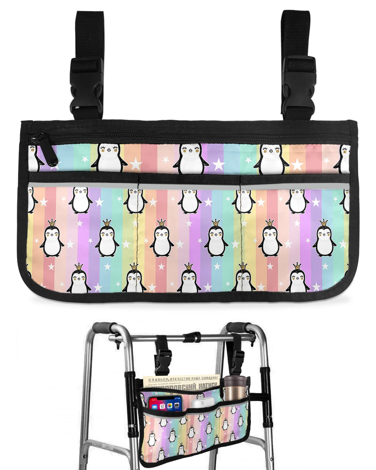 

Cartoon Animal Penguin Stars Rainbow Stripes Wheelchair Bag Armrest Side Bags Electric Scooter Walking Frame Storage Pouch
