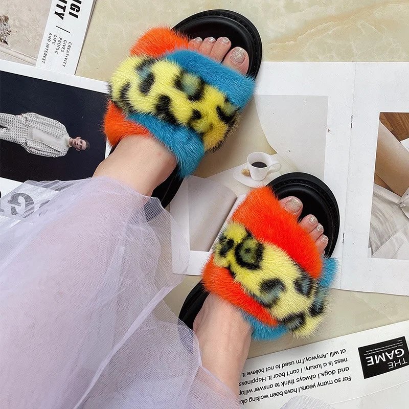 Three Color Women's Fur Slippers Thick Sole Design Mink Fur Slippers New Style Luxury Increase Lace-up Furry Slippers