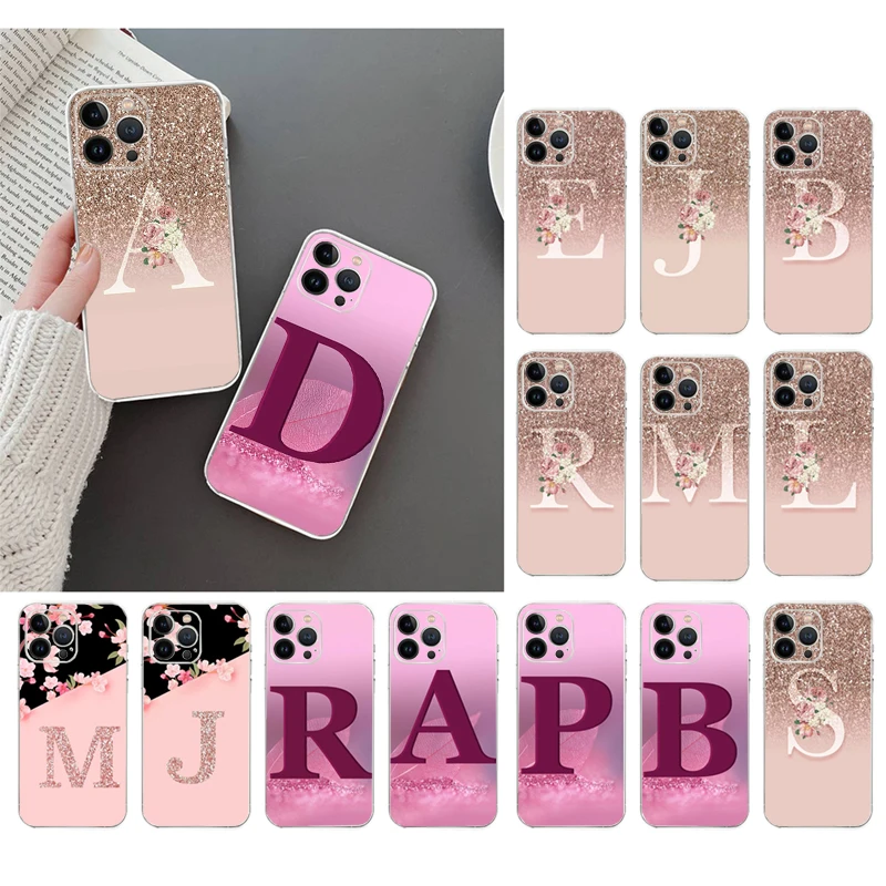 

Silicone Case For iphone 15 14 13 12 11 Pro Max 12 Mini SE 7 8 XR XS 14Plus Clear Funda Phone Cover Letter Pink Shiny Flower M R