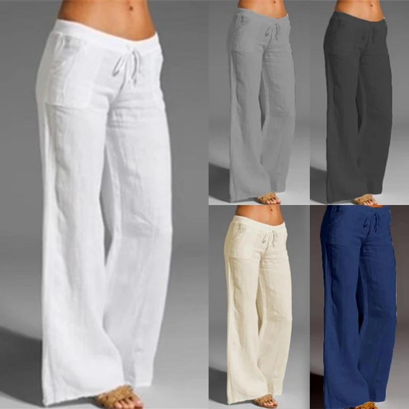 

Women Casual Elastic Waist Wide Leg Long Trousers Cotton Linen Solid Pants Vintage Fashion Spring Palazzo S-5XL