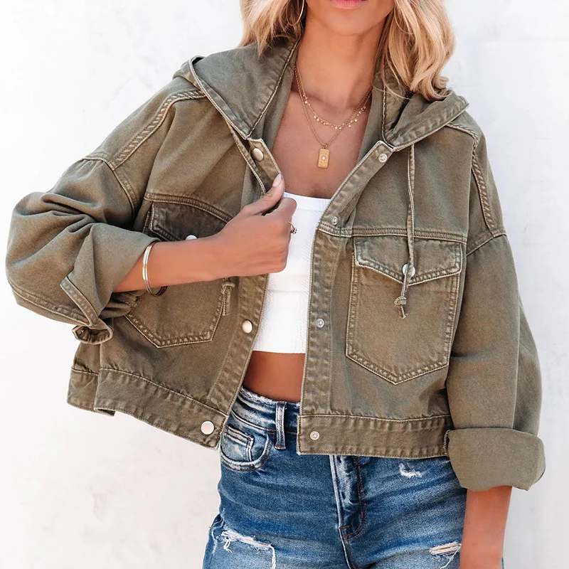 

Casual Cowboy Coat With Cap Single Breasted With Pockets Long Sleeve Streetwear джинсовка женская New In Outerwears Cropped Tops