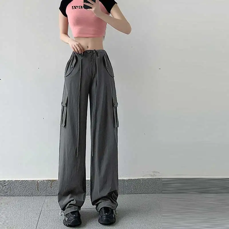 

Брюки-карго женские летние тонкие американские с завышенной талией стройнящие широкие узкие штаны быстросохнущие спортивные серые повседневные брюки