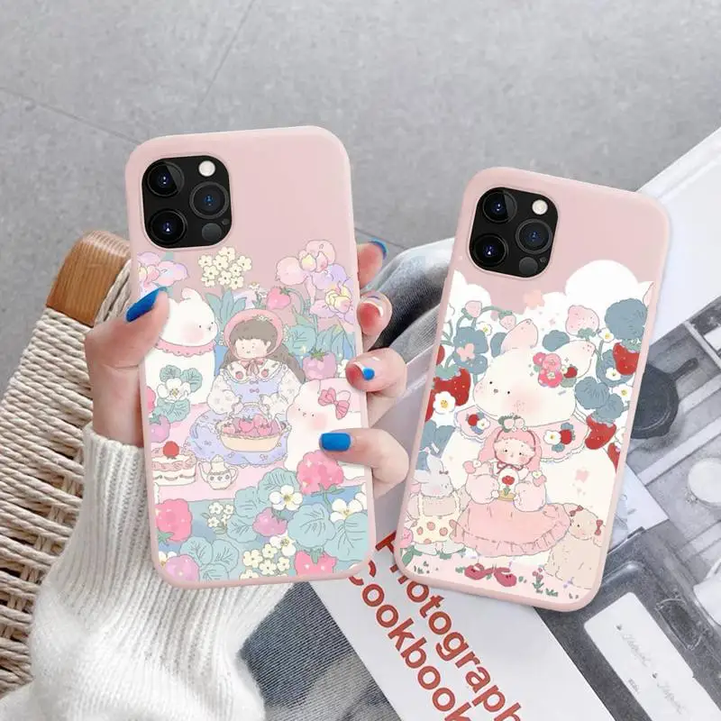 

Cute Cartoon Animal Rabbit Phone Case for iPhone 11 12 13 Mini Pro Xs Max 8 7 6 6S Plus X XR Solid Candy Color Case