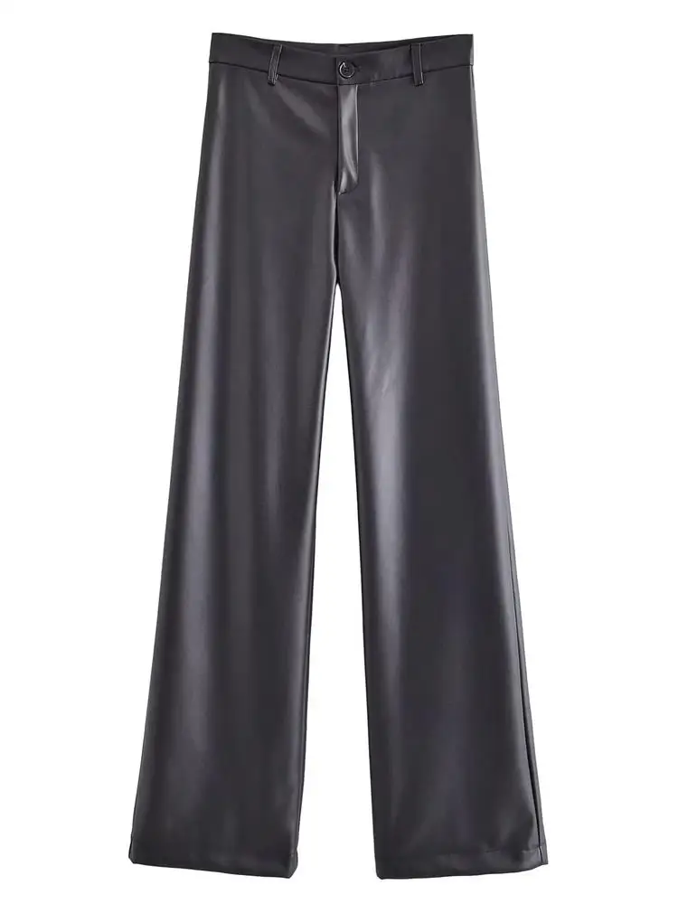 

MESTTRAF Sexy 2022 Fashion Black Faux Leather Straight Pants Vintage High Single Button Trousers Streetwear